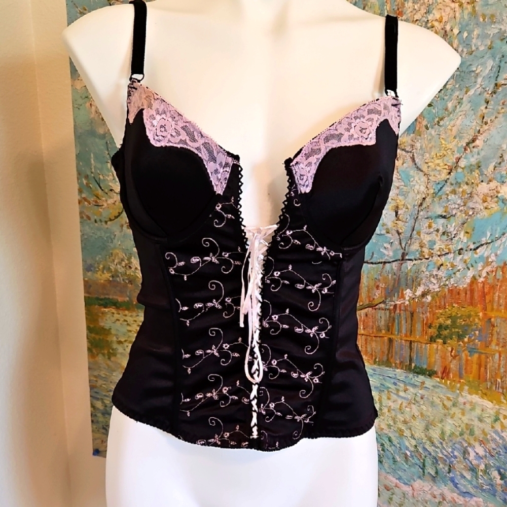 36C Native Intimates Black And Pink Lace Bustier Corset Y2K Vintage